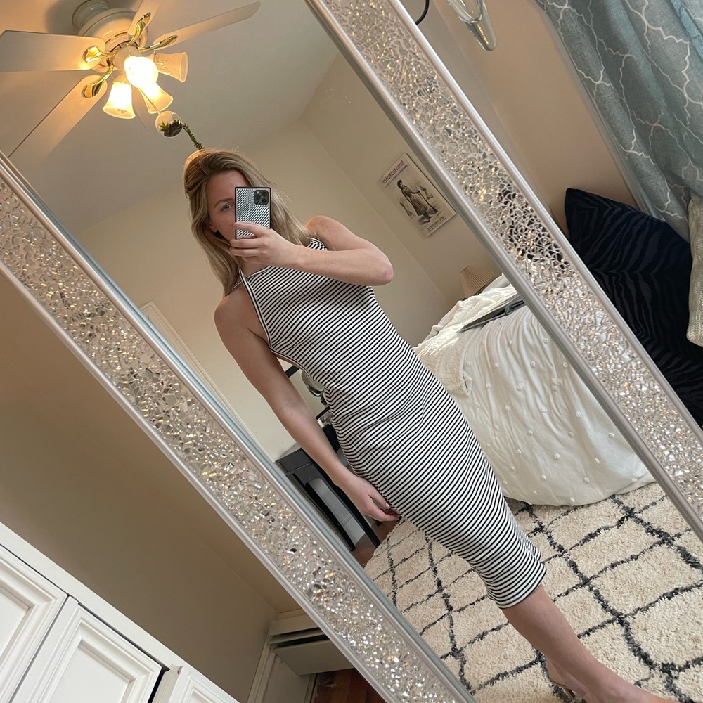 Black and white striped long body con dress from Urban Outfitters.